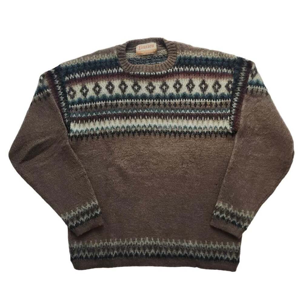 Vintage Jantzen 75% Wool 25% Mohair Brown Fair Isle Crewneck Sweater Medium Made